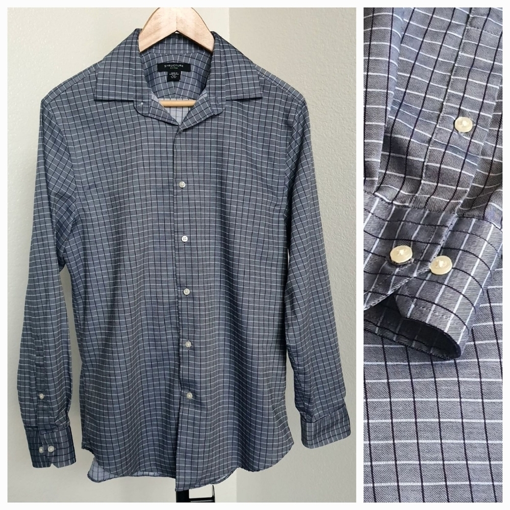 Structure Shirt Men M Blue Button Down Dress Shirt Long Sleeve Fitted Grid Check